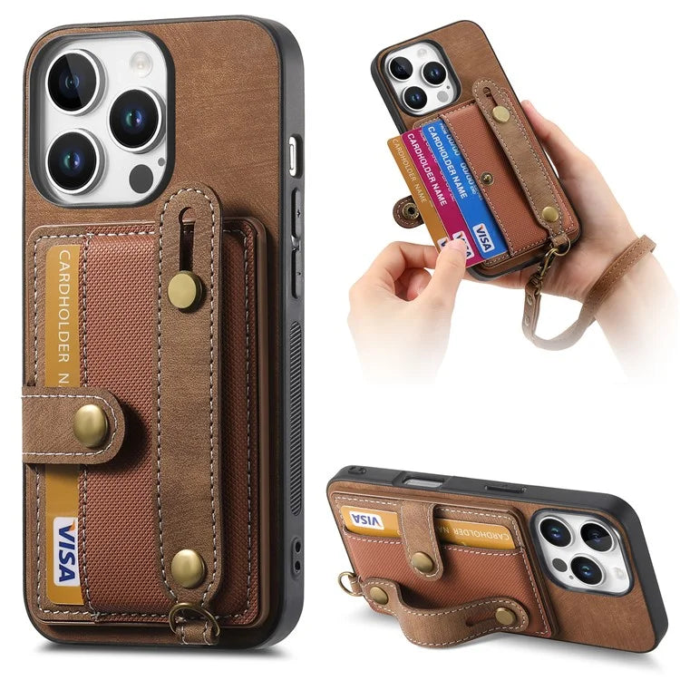 For iPhone 16 Pro Max Case Wristband Kickstand PU Leather Retro Back Cover Card Holder