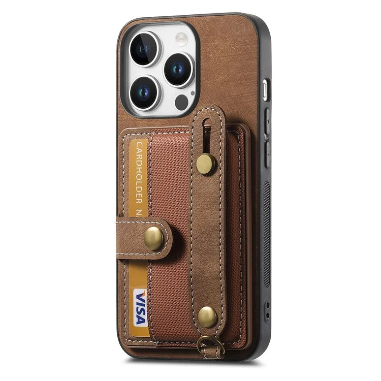 For iPhone 16 Pro Max Case Wristband Kickstand PU Leather Retro Back Cover Card Holder