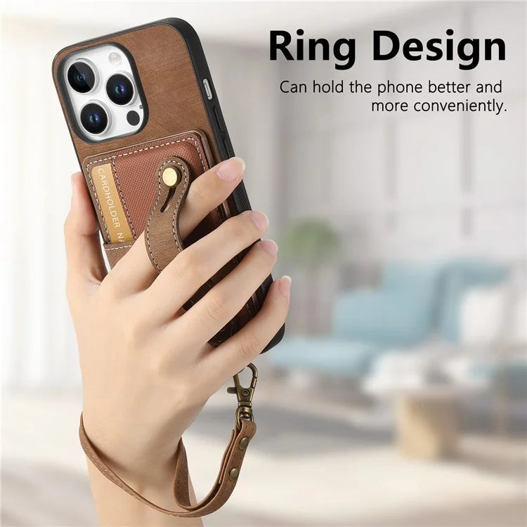 For iPhone 16 Pro Max Case Wristband Kickstand PU Leather Retro Back Cover Card Holder