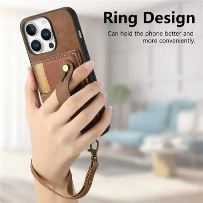 For iPhone 16 Pro Max Case Wristband Kickstand PU Leather Retro Back Cover Card Holder