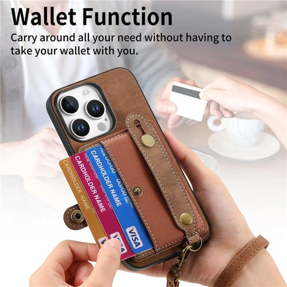 For iPhone 16 Pro Max Case Wristband Kickstand PU Leather Retro Back Cover Card Holder
