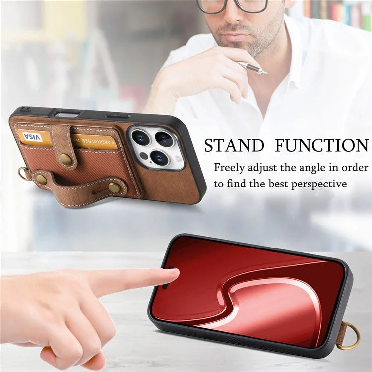 For iPhone 16 Pro Max Case Wristband Kickstand PU Leather Retro Back Cover Card Holder