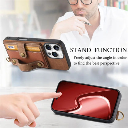 For iPhone 16 Pro Max Case Wristband Kickstand PU Leather Retro Back Cover Card Holder