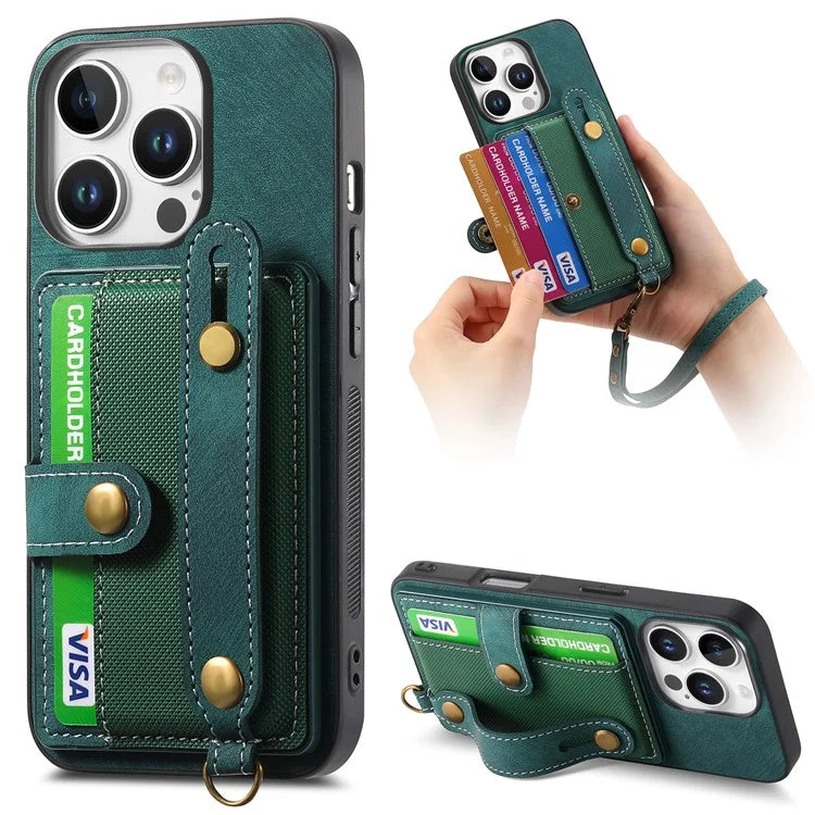 For iPhone 16 Pro Max Case Wristband Kickstand PU Leather Retro Back Cover Card Holder