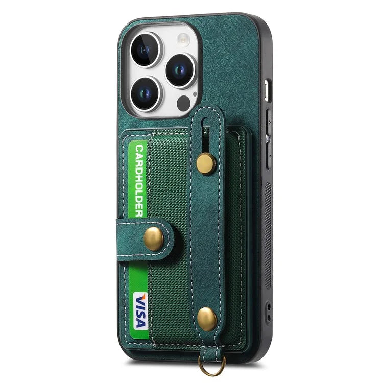 For iPhone 16 Pro Max Case Wristband Kickstand PU Leather Retro Back Cover Card Holder