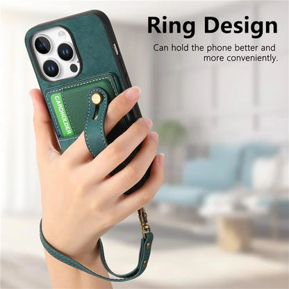 For iPhone 16 Pro Max Case Wristband Kickstand PU Leather Retro Back Cover Card Holder