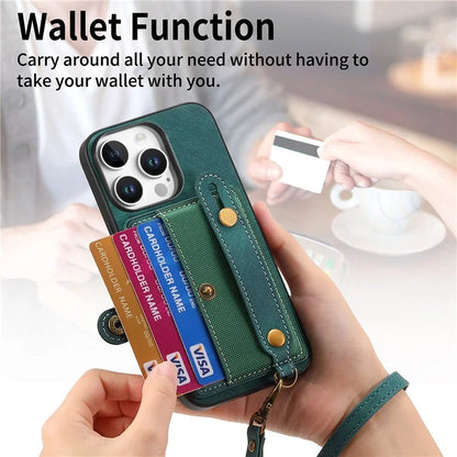 For iPhone 16 Pro Max Case Wristband Kickstand PU Leather Retro Back Cover Card Holder