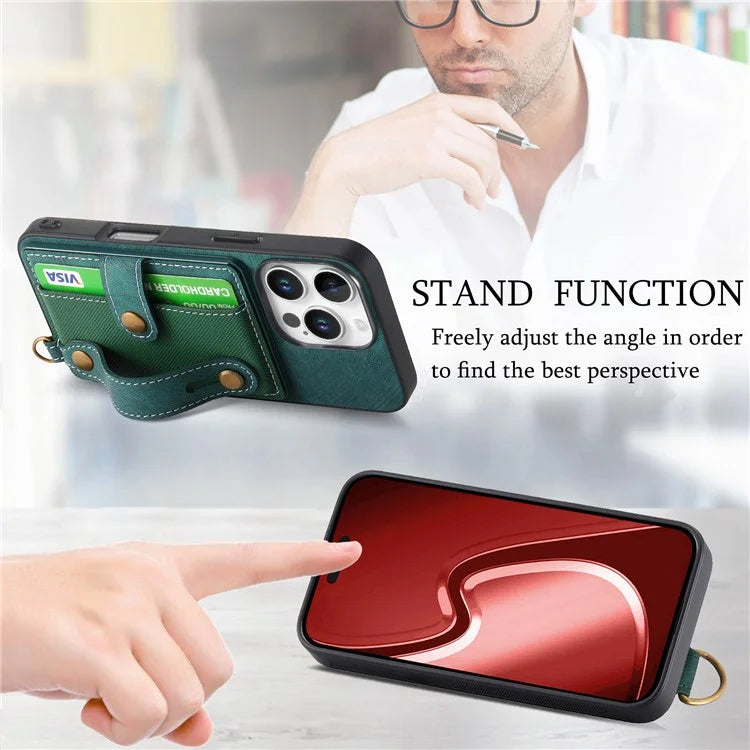 For iPhone 16 Pro Max Case Wristband Kickstand PU Leather Retro Back Cover Card Holder