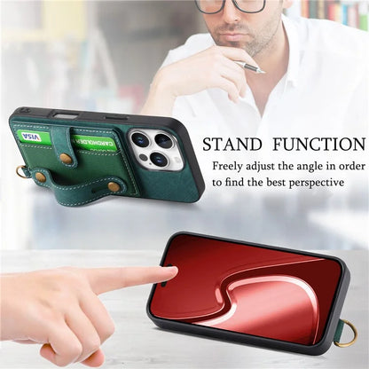 For iPhone 16 Pro Max Case Wristband Kickstand PU Leather Retro Back Cover Card Holder