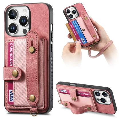 For iPhone 16 Pro Max Case Wristband Kickstand PU Leather Retro Back Cover Card Holder