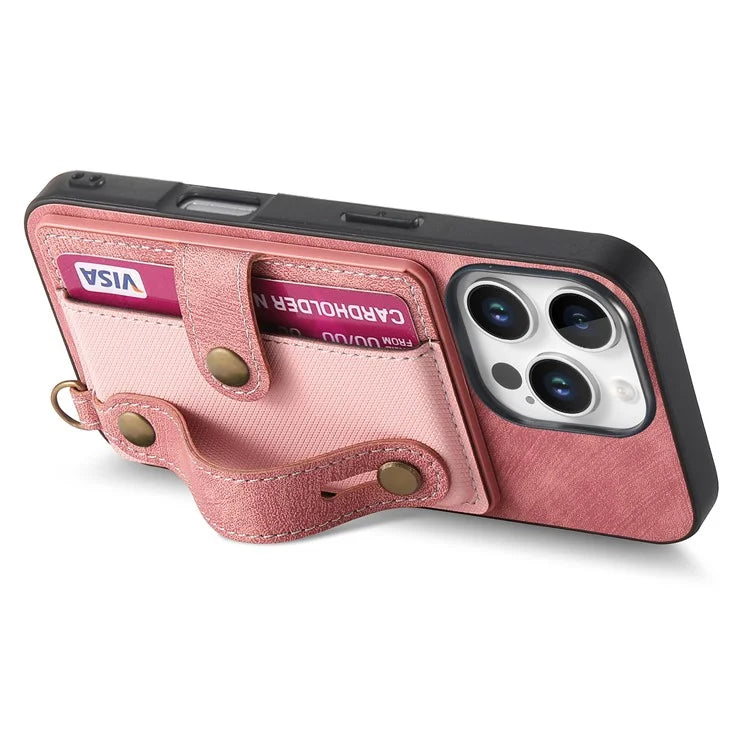 For iPhone 16 Pro Max Case Wristband Kickstand PU Leather Retro Back Cover Card Holder