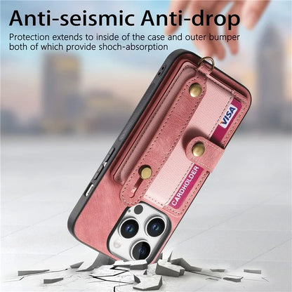 For iPhone 16 Pro Max Case Wristband Kickstand PU Leather Retro Back Cover Card Holder