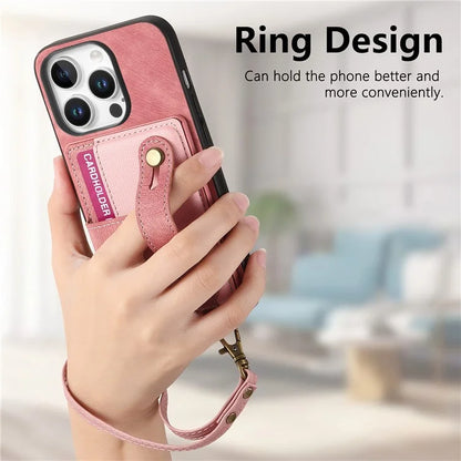 For iPhone 16 Pro Max Case Wristband Kickstand PU Leather Retro Back Cover Card Holder