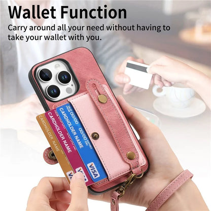 For iPhone 16 Pro Max Case Wristband Kickstand PU Leather Retro Back Cover Card Holder