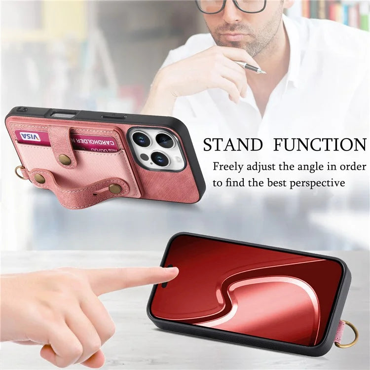 For iPhone 16 Pro Max Case Wristband Kickstand PU Leather Retro Back Cover Card Holder