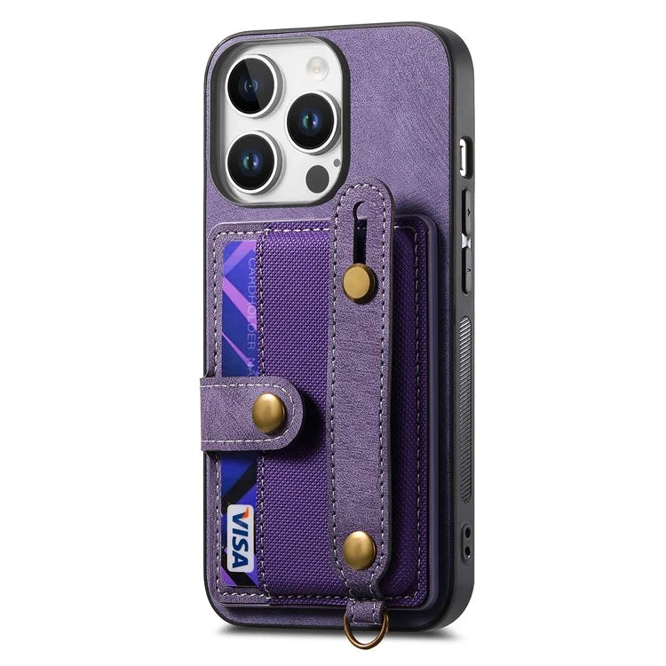 For iPhone 16 Pro Max Case Wristband Kickstand PU Leather Retro Back Cover Card Holder