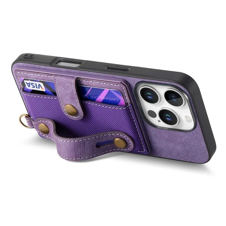 For iPhone 16 Pro Max Case Wristband Kickstand PU Leather Retro Back Cover Card Holder