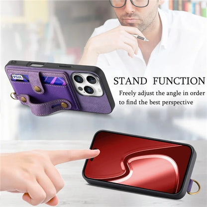 For iPhone 16 Pro Max Case Wristband Kickstand PU Leather Retro Back Cover Card Holder