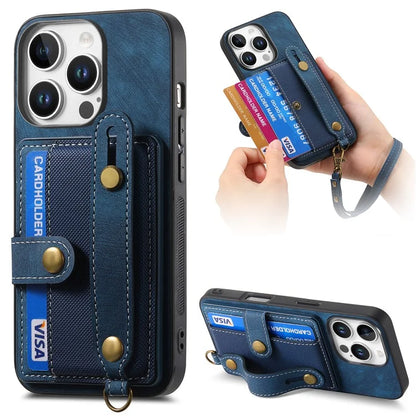 For iPhone 16 Pro Max Case Wristband Kickstand PU Leather Retro Back Cover Card Holder