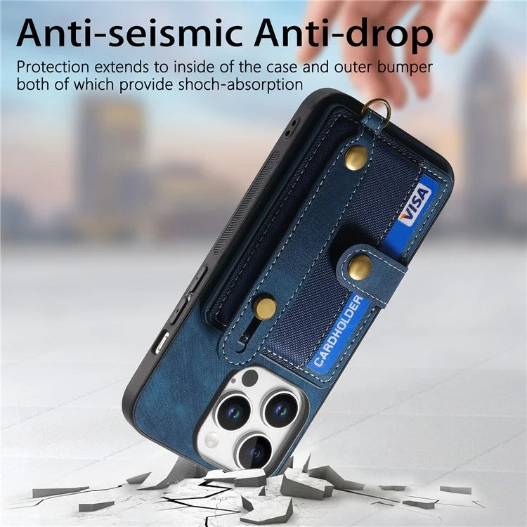 For iPhone 16 Pro Max Case Wristband Kickstand PU Leather Retro Back Cover Card Holder