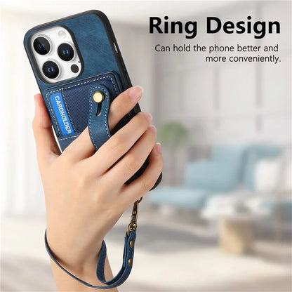 For iPhone 16 Pro Max Case Wristband Kickstand PU Leather Retro Back Cover Card Holder