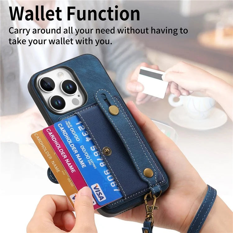 For iPhone 16 Pro Max Case Wristband Kickstand PU Leather Retro Back Cover Card Holder