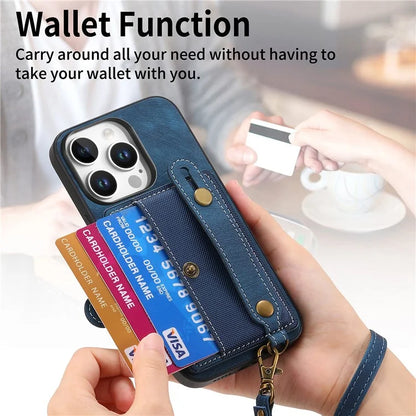 For iPhone 16 Pro Max Case Wristband Kickstand PU Leather Retro Back Cover Card Holder