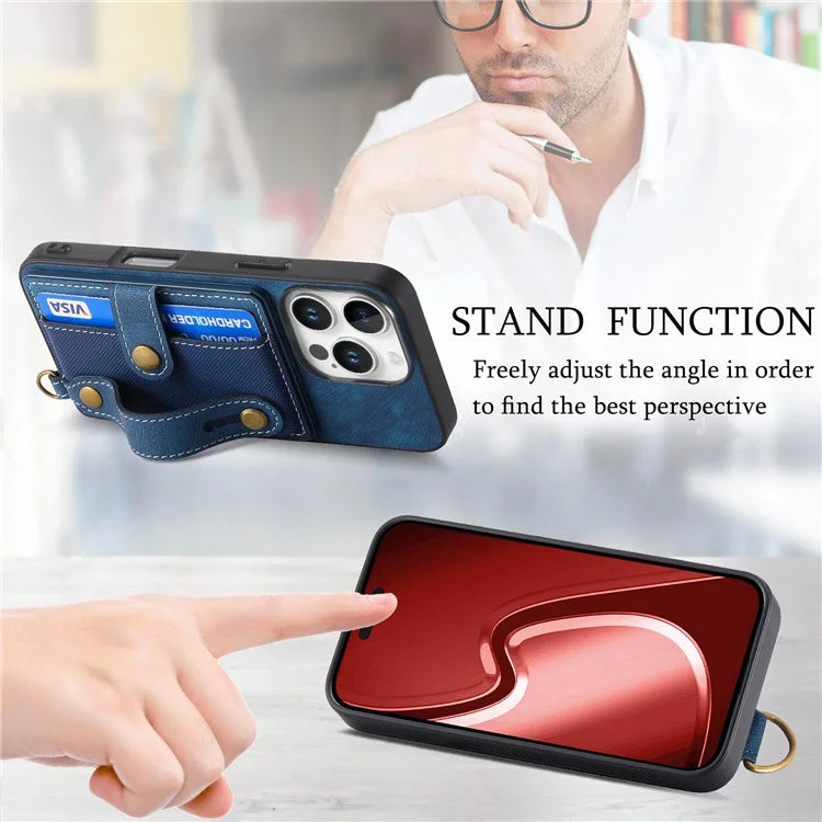 For iPhone 16 Pro Max Case Wristband Kickstand PU Leather Retro Back Cover Card Holder