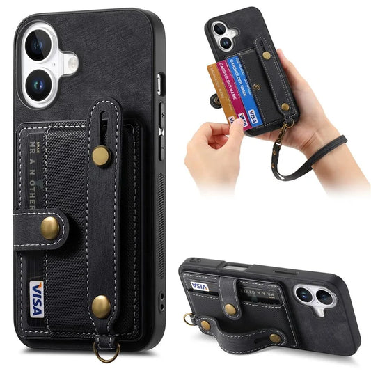 For iPhone 16 Case Wristband Kickstand PU Leather Retro Back Cover Card Holder