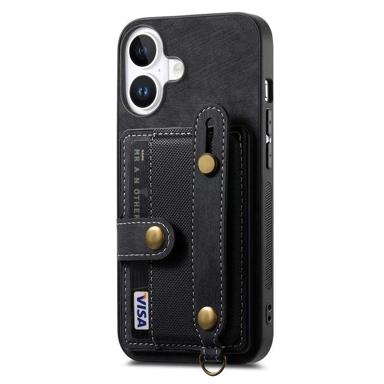 For iPhone 16 Case Wristband Kickstand PU Leather Retro Back Cover Card Holder