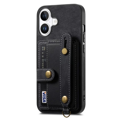 For iPhone 16 Case Wristband Kickstand PU Leather Retro Back Cover Card Holder