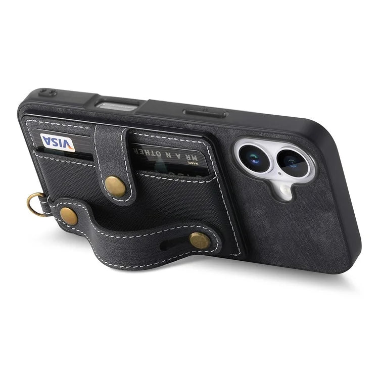 For iPhone 16 Case Wristband Kickstand PU Leather Retro Back Cover Card Holder