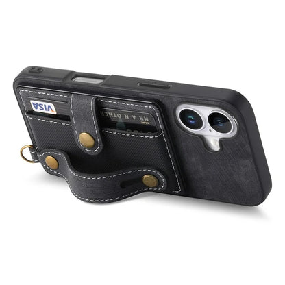 For iPhone 16 Case Wristband Kickstand PU Leather Retro Back Cover Card Holder