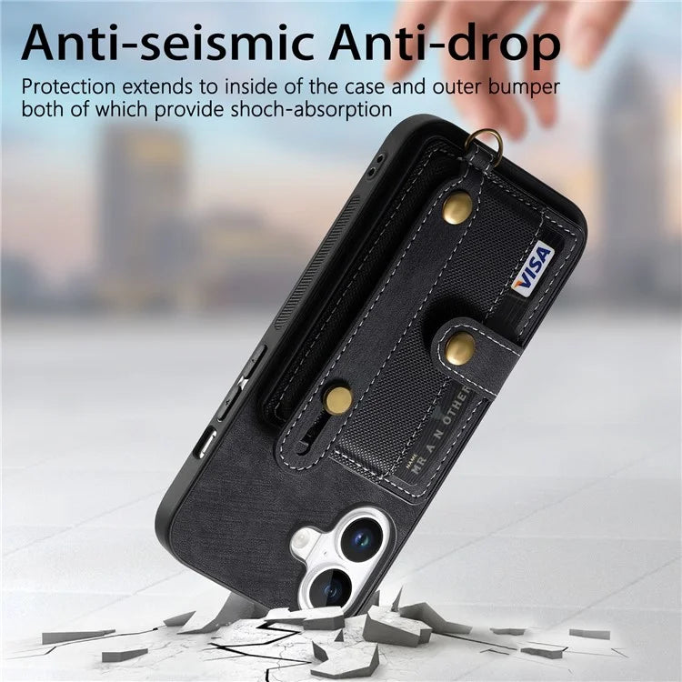 For iPhone 16 Case Wristband Kickstand PU Leather Retro Back Cover Card Holder