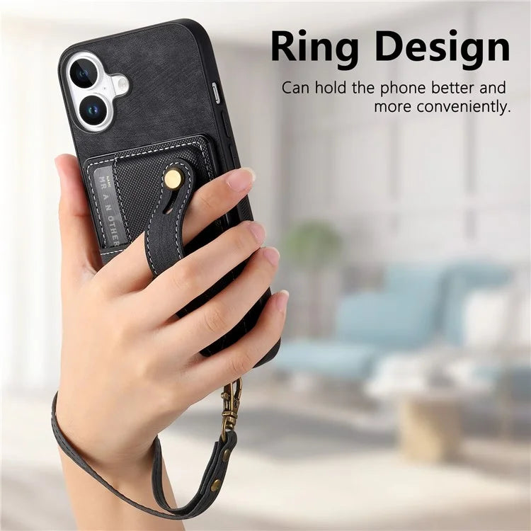 For iPhone 16 Case Wristband Kickstand PU Leather Retro Back Cover Card Holder