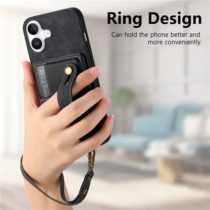 For iPhone 16 Case Wristband Kickstand PU Leather Retro Back Cover Card Holder