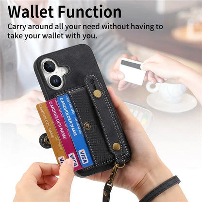 For iPhone 16 Case Wristband Kickstand PU Leather Retro Back Cover Card Holder