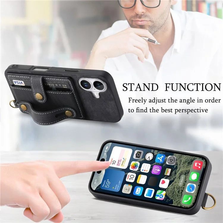 For iPhone 16 Case Wristband Kickstand PU Leather Retro Back Cover Card Holder