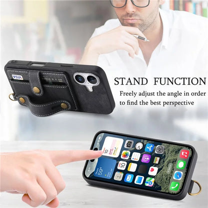 For iPhone 16 Case Wristband Kickstand PU Leather Retro Back Cover Card Holder