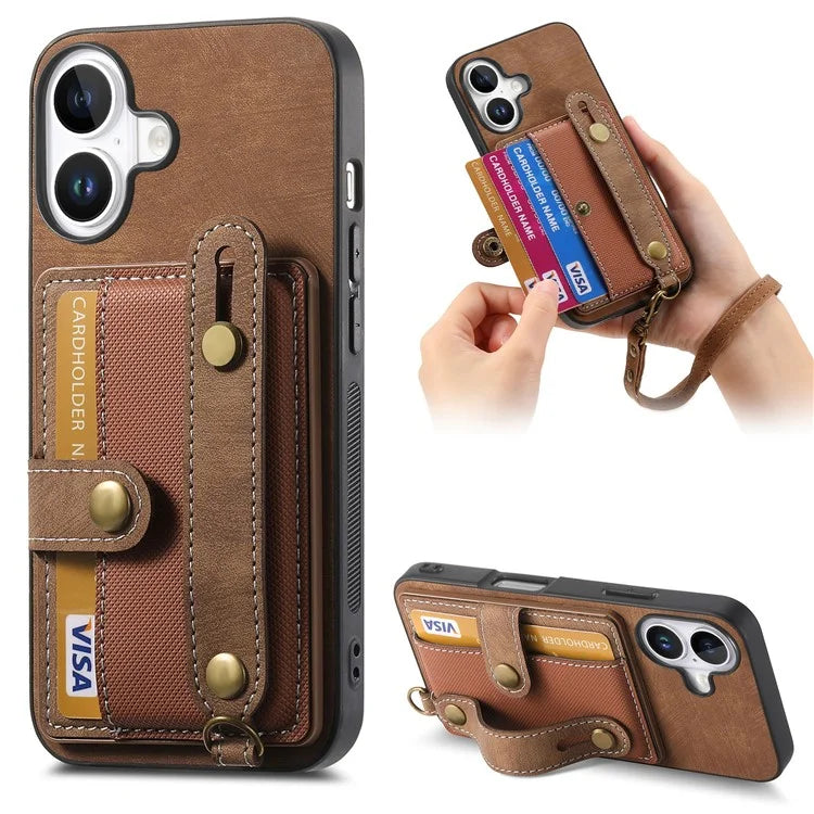 For iPhone 16 Case Wristband Kickstand PU Leather Retro Back Cover Card Holder