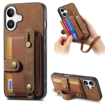 For iPhone 16 Case Wristband Kickstand PU Leather Retro Back Cover Card Holder