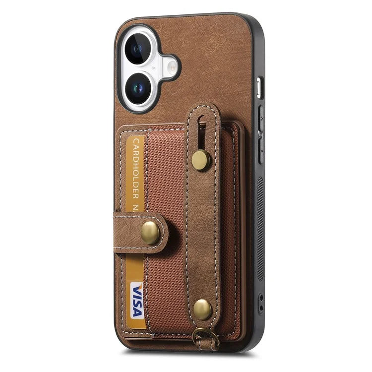 For iPhone 16 Case Wristband Kickstand PU Leather Retro Back Cover Card Holder