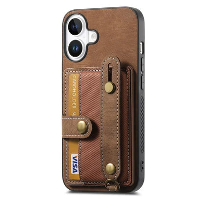 For iPhone 16 Case Wristband Kickstand PU Leather Retro Back Cover Card Holder