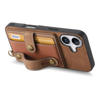 For iPhone 16 Case Wristband Kickstand PU Leather Retro Back Cover Card Holder