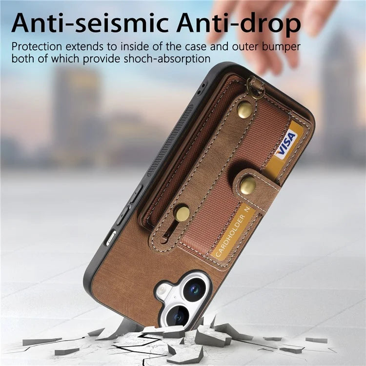 For iPhone 16 Case Wristband Kickstand PU Leather Retro Back Cover Card Holder
