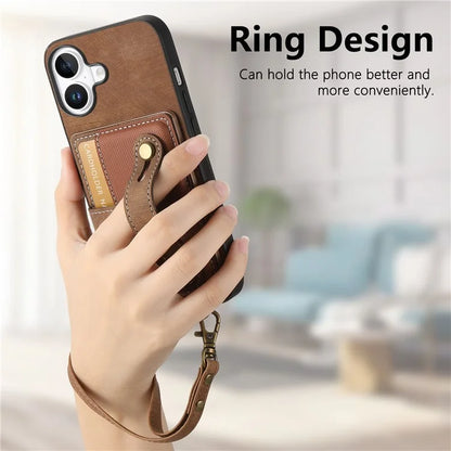 For iPhone 16 Case Wristband Kickstand PU Leather Retro Back Cover Card Holder
