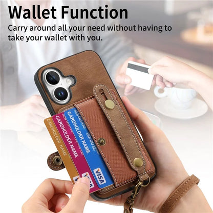 For iPhone 16 Case Wristband Kickstand PU Leather Retro Back Cover Card Holder
