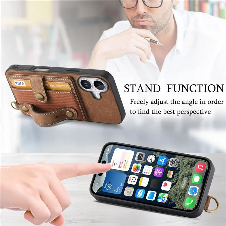 For iPhone 16 Case Wristband Kickstand PU Leather Retro Back Cover Card Holder