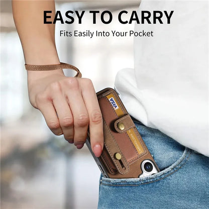 For iPhone 16 Case Wristband Kickstand PU Leather Retro Back Cover Card Holder