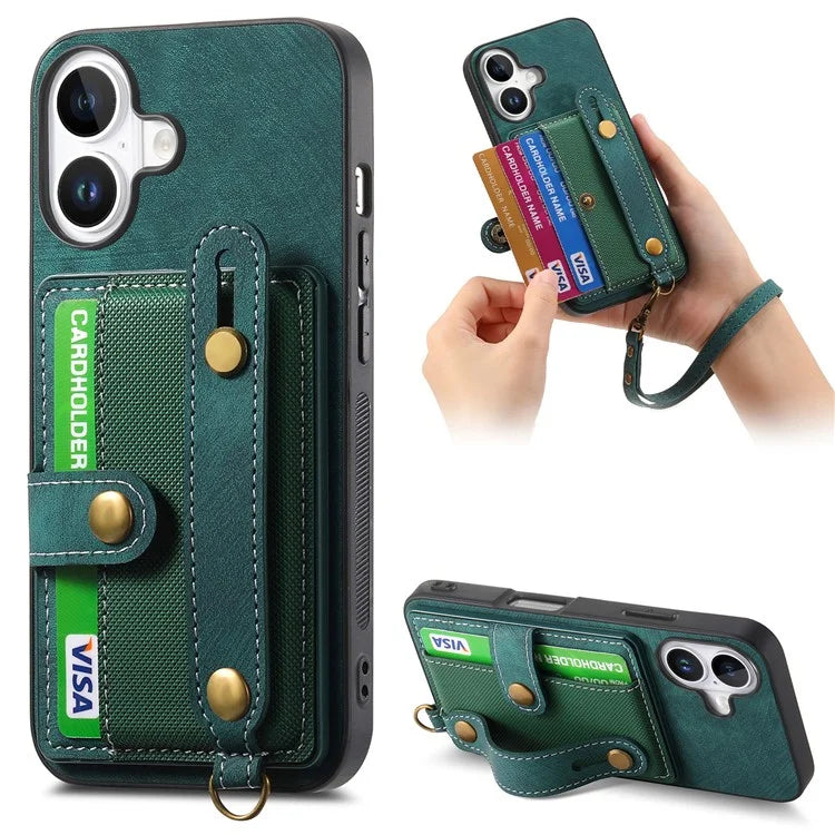 For iPhone 16 Case Wristband Kickstand PU Leather Retro Back Cover Card Holder